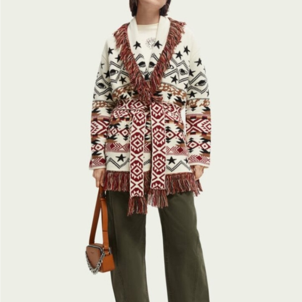 Scotch & Soda Cream and Red Jaquard Patterned Cardigan w/Belt